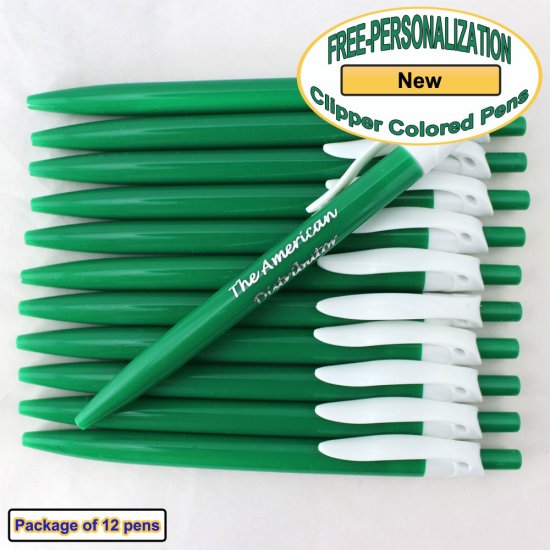 Personalized Colored Clip Pen, Green Body White Clip 12 pkg - Click Image to Close