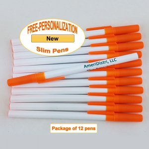 Personalized - Slim Pens - White Body with Orange Cap, Black Ink