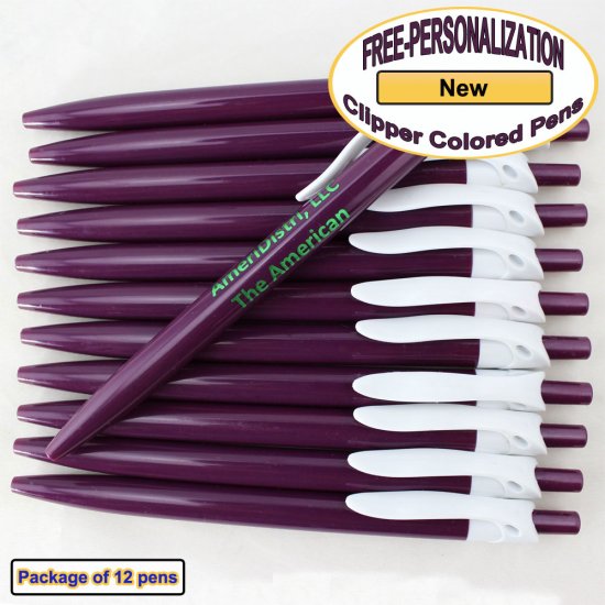 Personalized Colored Clip Pen, Burgundy Body White Clip 12 pkg - Click Image to Close
