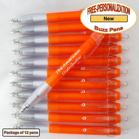 Personalized Buzz Pen, Translucent Orange Body Clear Grip 12 pkg - Click Image to Close