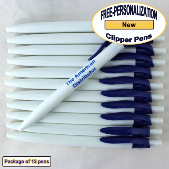 Personalized Clipper Pen, Clear Body with a Blue Clip 12 pkg - Click Image to Close