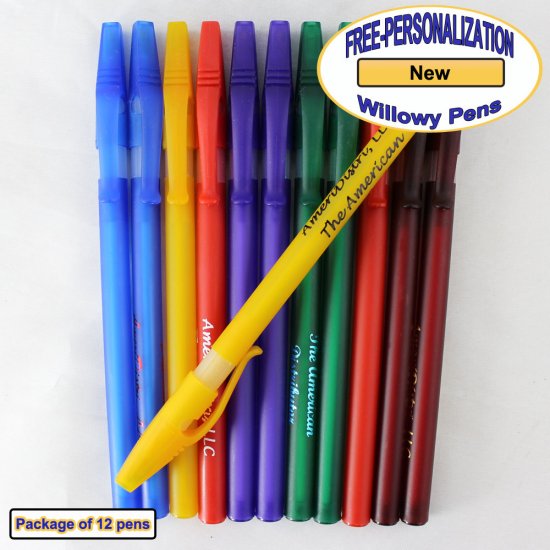 Personalized Willowy Pen, Solid Assorted Body Clear Grip 12 pkg - Click Image to Close