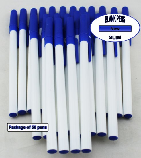 Slim Pen -White Body and Blue Accents- Blanks - 50pkg - Click Image to Close