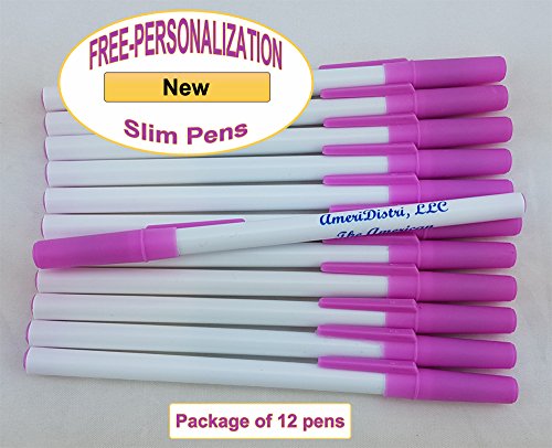 Personalized - Slim Pens - White Body with Pink Cap, Blue Ink - Click Image to Close