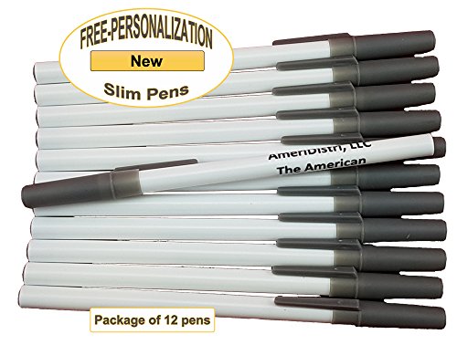 Personalized - Slim Pens - White Body with Grey Cap, Black Ink - Click Image to Close