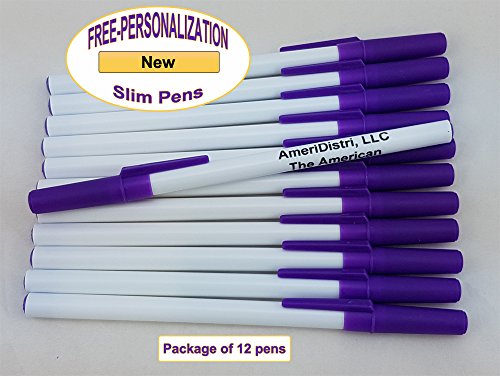 Personalized - Slim Pens - White Body with Purple Cap, Blue Ink - Click Image to Close