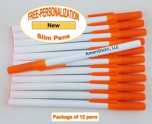 Personalized - Slim Pens - White Body with Orange Cap, Blue Ink - Click Image to Close