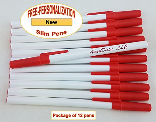 Personalized - Slim Pens - White Body with Red Cap, Blue Ink - Click Image to Close