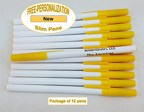 Personalized - Slim Pens - White Body with Yellow Cap, Black Ink - Click Image to Close