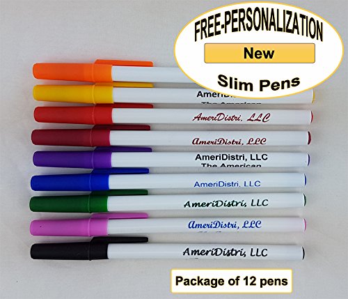 Personalized -Slim Pens- White Body with Assorted Cap, Black Ink - Click Image to Close