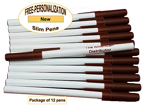 Personalized - Slim Pens - White Body with Brown Cap, Black Ink - Click Image to Close