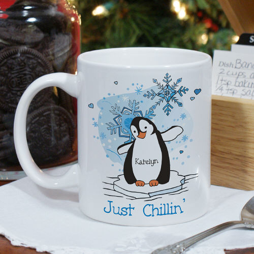 Just Chillin' Penguin Personalized Winter Coffee Mug - Click Image to Close
